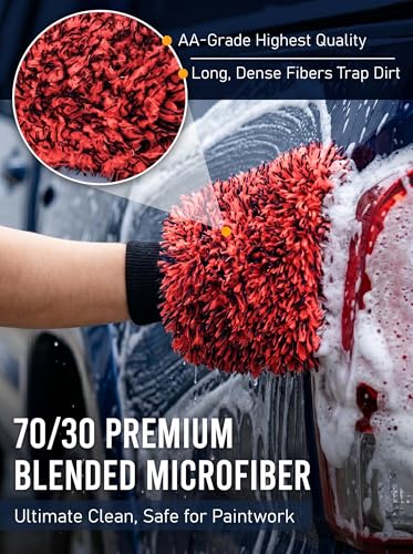 TAKAVU Car Wash Mitt, 2 Pack Microfiber, Scratch-Free (Red & Black) | Soft Lint-Free Wash Gloves Hold Sudsy Water for Auto Detailing, Machine Washable, Safe on Paint & Coat - color: Red