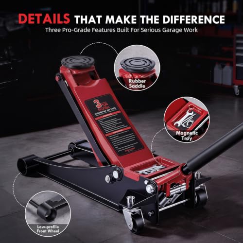 3 Ton Low Profile Floor Jack: Dual Pump Quick Lift Hydraulic Car Jack, 2.87" to 19.5" Lift Range, Heavy Duty Steel Trolley Jack for Cars SUVs & Trucks, Rubber Saddle & Safety Valve - size: 3 Ton