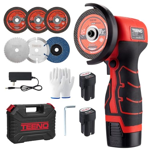 TEENO Cordless Angle Grinder Kit, 19,500 RPM Mini Electric Angle Grinding Tool with 2 pcs 16.8V 2000mAh Batteries and 6 Cutting Discs, 3-Inch Handheld Grinder for Metal/Wood Cutting and Grinding - color: Red