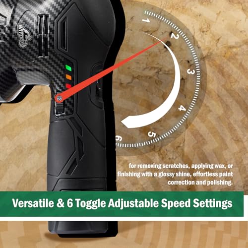 BATOCA 2026S3 Cordless Car Buffer Polisher, 2x2.0Ah 11.1V Lithium-ion Rechargeable Battery Powered Polisher with 6 Variable Speed, DA Orbital Buffer for Car Detailing, Polishing, Waxing, Carbon Style | Long motor life, Battery Powered Polisher, Lightweigh