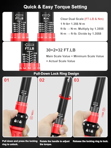3/8 Torque Wrench 10-110 Ft-lb/13.6-149.2 Nm, ±3% Accuracy Click Torque Wrench 3/8 Inch - 72 Tooth Dual Direction, Quick Release, All Matel, Extension Bar & Adapters Set for Motorcycle and Car Repair