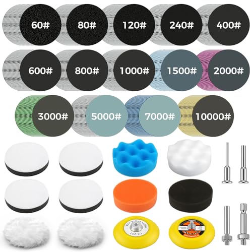 226pcs 3 Inch Sanding Disc Headlight Buffing Sanding Pads Restoration Kit Wet Dry 60 to 10000 Grits Hook and Loop Drill Sanding Attachment with 1/4" 1/8" Shank for Car Wood Metal Glass Resin