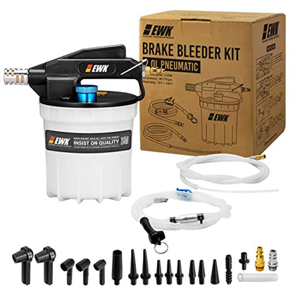 EWK 22-Piece Pneumatic Brake Fluid Bleeder Kit, 2L Vacuum Pump with 17 Adapters & 2 Hoses, One-Person Brake & Clutch Fluid Flush Tool for Cars, Motorcycles, Trucks & ABS Systems
