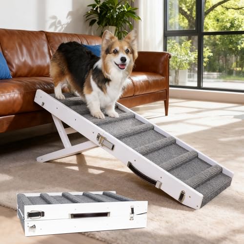 Dog Ramp for Small & Medium Dogs Foldable Pet Ramp for Bed (White) | 5 Adjustable Heights 13.98"-27.56'', No Assembly, Non-Slip Carpet, Portable Handle, Natural Wood Frame, Senior Dog Friendly - color: White, size: Up to 75 lbs