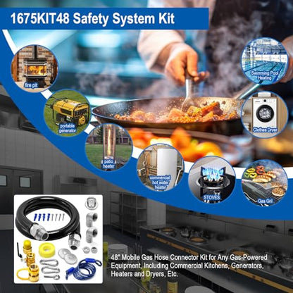1675KIT48 Safety System Kit, 48" Mobile Gas Hose Connector with 2 Elbows, 3/4" Quick Disconnect, 3/4" Gas Flex Line & Gas Valve, Quick Connect & Disconnect for Commercial Kitchen Equipment.