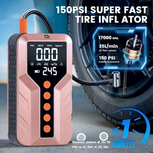 Jump Starter with Air Compressor for All-Terrain Vehicles, Light Pink, Lithium Ion, 12 Volts, 6000 Amps - color: Rose Gold