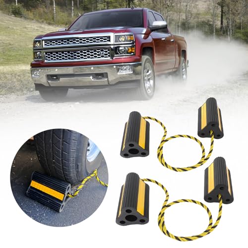 Heavy Duty Rubber Wheel Chocks, 6.21 x 4.71 x 4.31in Black Tire Blocks with Rope & Reflective Strips - Anti Slip Tire Stopper for RVs, Trailers, Trucks & Planes