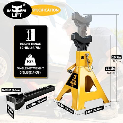 Jack Stands 3 Ton (6,600 LBs) with Double Pin Locking,Rubber Cover and Large Foot Base,12-17In Adjustable Height Heavy Duty Jack Stands,Lifting Car,SUV,MPV,Pickup Truck,ATV/UTV,1 Pair Yellow - color: yellow, size: 3Ton Load Capacity