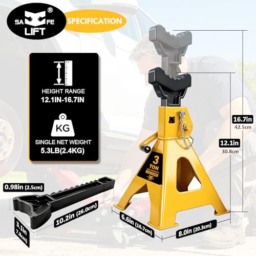 Jack Stands 3 Ton (6,600 LBs) with Double Pin Locking,Rubber Cover and Large Foot Base,12-17In Adjustable Height Heavy Duty Jack Stands,Lifting Car,SUV,MPV,Pickup Truck,ATV/UTV,1 Pair Yellow - color: yellow, size: 3Ton Load Capacity