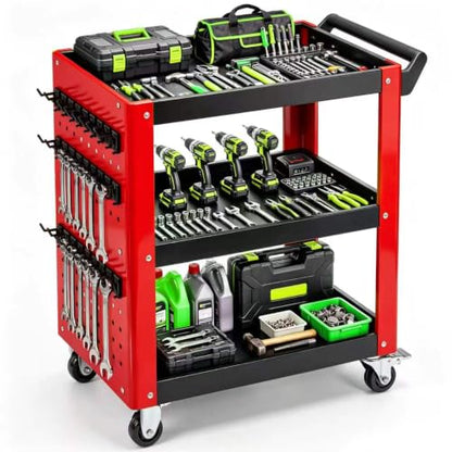 3-Tier Rolling Tool Cart with Pegboard, 1000LBS Load 2 Lockable Casters | Heavy Duty, Metal Mechanic Tool Storage, For Garage, Repair Shop, Warehouse & Workshop