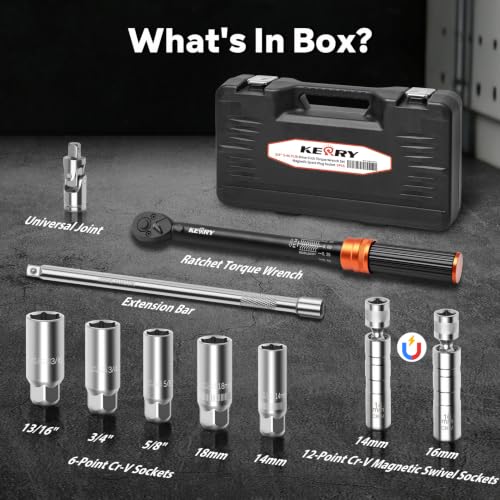 Kerry 3/8" Spark Plug Torque Wrench Set, 14mm 16mm Magnetic Swivel Sockets | 5-45 ft-lb 10-Piece Kit with 5/8", 3/4", 13/16", 14mm, 18mm 6-Point Sockets, Extension and Universal Joint for Easy Removal - size: 5-45FT.LB 10-piece, style: 3/8"