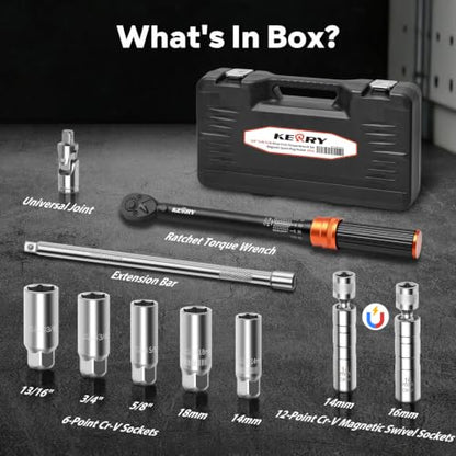 Kerry 3/8" Spark Plug Torque Wrench Set, 14mm 16mm Magnetic Swivel Sockets | 5-45 ft-lb 10-Piece Kit with 5/8", 3/4", 13/16", 14mm, 18mm 6-Point Sockets, Extension and Universal Joint for Easy Removal - size: 5-45FT.LB 10-piece, style: 3/8"