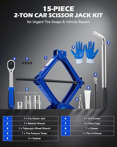 Orion Motor Tech 2 Ton Scissor Jack, 15 pc. Car Scissor Jack Kit for Sedan SUV MPV with Ratchet Wrench Drill Sockets, 4409 lb. Portable Car Jack and Stand Kit, Heavy Duty Car Jack for Tire Changing - style: Single Tooth