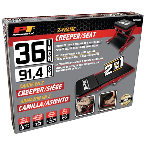 Performance Tool W85034 36-Inch Z-Frame Folding Automotive Creeper, All-in-One Adjustable Roller Garage Seat, Lay Down or Sit, 300 lbs. Capacity, Under Car Creeper, Padded with 6 Swivel Casters