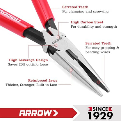 ARROW 6" High Leverage Needle Nose Pliers with Side Cutters, Long Nose Pliers for Gripping, Wire Bending, Cutting (Pack of 2) - size: 6 INCH (Pack of 2)