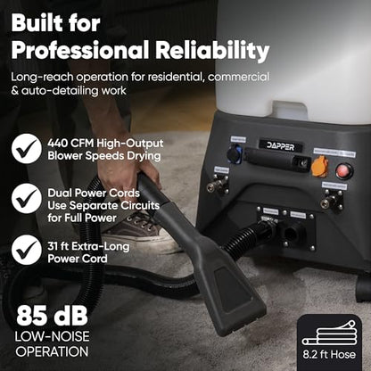 Dapper Commercial Carpet and Upholstery Extractor Cleaning Machine with Steam, Spray-Vacuum, Blower & Mite Remover. — Designed for Deep Cleaning. Dual Separate Circuit Power Cords - size: 3 Gal