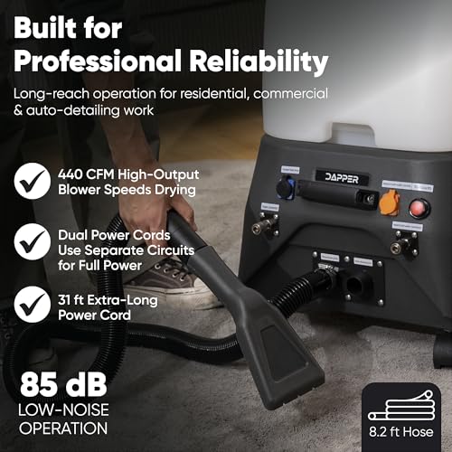Dapper Commercial Carpet and Upholstery Extractor Cleaning Machine with Steam, Spray-Vacuum, Blower & Mite Remover. — Designed for Deep Cleaning. Dual Separate Circuit Power Cords - size: 3 Gal