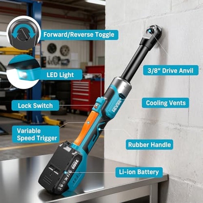Cordless Electric Ratchet Wrench 3/8", 6" Extended Neck, 3-Speed Adjustable, 74 Ft-lbs Max Torque, 21V Power Brushless Ratchet with 2×2.0Ah Batteries & Fast Charger, 8 Sockets, 1/4"& 1/2" Adapter - size: Extended 6 Inch