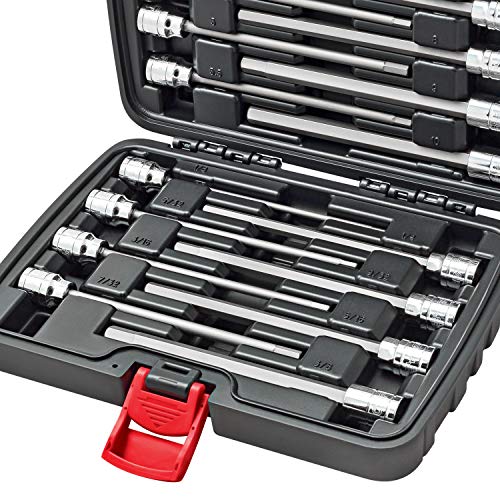 CARBYNE 18-Piece Extra Long Hex (Allen) Bit Socket Set, SAE 1/8 to 3/8 in. and Metric 3 to 10mm, 3/8 in. Drive, S2 Steel, CrV Sockets, 6.1 in. Length, Durable Case - size: Straight