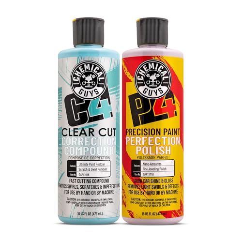Chemical Guys C4 & P4 Clear Cut Correction Compound and Precision Paint Perfection Polish Combo - Removes Scratches, Swirls, Towel Marks, and Etching, Restores Gloss, Polishing Kit - 2 x 16 oz - style: C4 & P4 Bundle