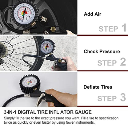 Hausse Heavy Duty Air Compressor Accessory Kit, Air Blow Gun and Air Hose Fittings, 1/4" NPT Air Tool Kit with 100 PSI Tire Inflator Gauge - size: Dial Gauge