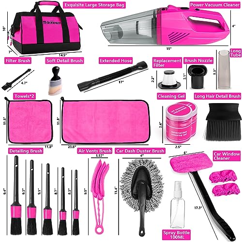 ThinkLearn Car Cleaning Kit, Car Corded Vacuum Detailing Kit Interior with High Power Handheld Vacuum, Including 7Pcs Detailing Brush Set, Windshield Cleaner, Pink Car Accessories for Women