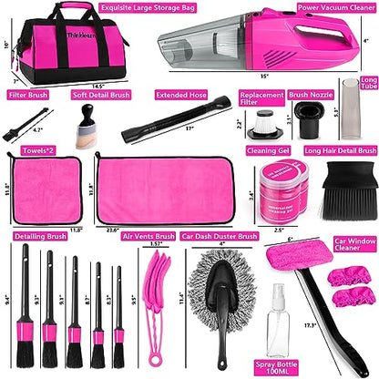 ThinkLearn Car Cleaning Kit, Car Corded Vacuum Detailing Kit Interior with High Power Handheld Vacuum, Including 7Pcs Detailing Brush Set, Windshield Cleaner, Pink Car Accessories for Women