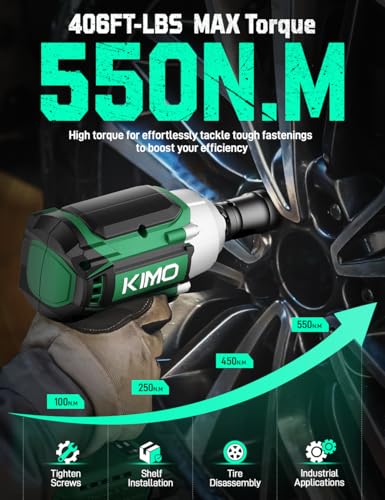 KIMO Impact Wrench 1/2 Cordless,550N.m/406ft-lbs Max Torque & 3000RPM, 2x20V 3.0Ah Battery, Impact Gun with 7 Drive Impact Sockets, 3 Inch Extension Bar, 1 Hour Fast Charger Impact Drill for Car Tires