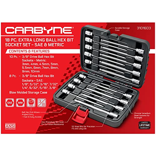 CARBYNE 18-Piece Extra Long Ball End Hex (Allen) Bit Socket Set, Metric and SAE, S2 Steel Bits, 3/8 in. Drive, 6.1 in. Overall Length, Zinc Phosphate Finish, Durable Storage Case - size: Ball-End