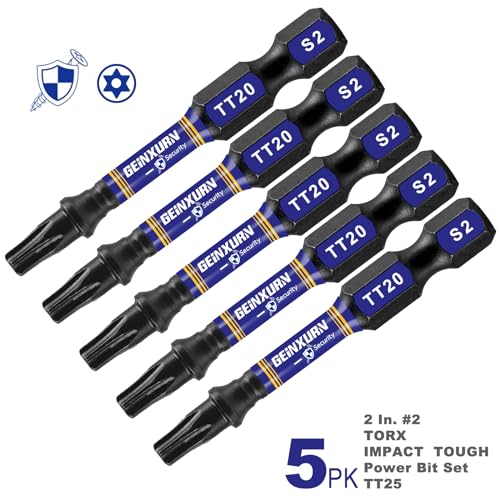 Geinxurn 5 Pieces T20 Hollow 2 In. Impact Tough Magnetic Insert Bit Set, #20 Security Torx Head Power Bits, S2 Alloy Steel Star T20 Screwdriver Bits Set - size: 2"-5PCS, style: TT20