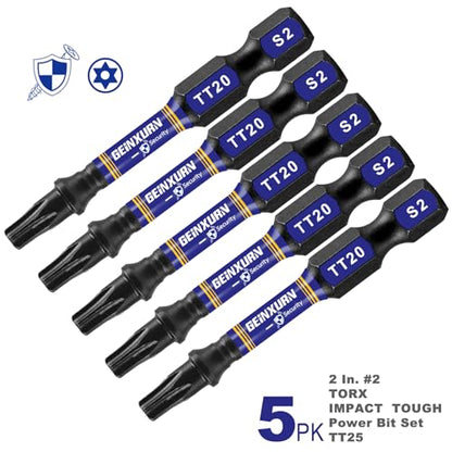 Geinxurn 5 Pieces T20 Hollow 2 In. Impact Tough Magnetic Insert Bit Set, #20 Security Torx Head Power Bits, S2 Alloy Steel Star T20 Screwdriver Bits Set - size: 2"-5PCS, style: TT20