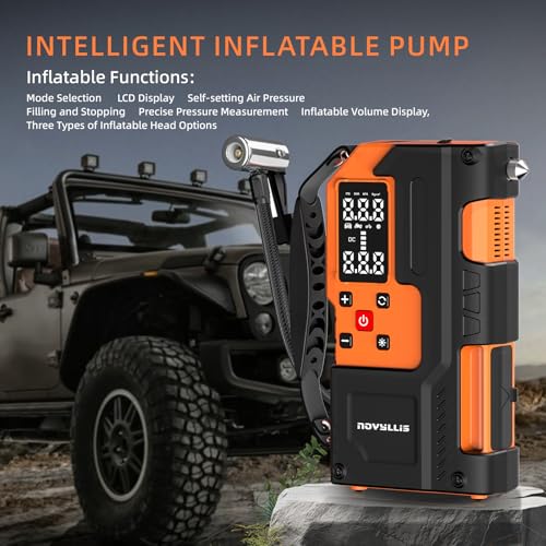4000A Car Battery Jump Starter with Air Compressor 150PSI Portable Tire Inflator for Car 10000mAh Power Bank Emergency SOS LED Light Emergency Window Breaker Auto Shutoff 12V Battery Booster