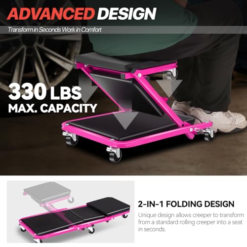 Foldable Creeper, 2-in-1 Rolling Garage Z Creeper Car & Seat, 36" Roller Mechanics Under Car Chair, 330 LBS Weight Capacity Heavy Duty, Rose Pink - color: Pink, size: 36 Inch Length