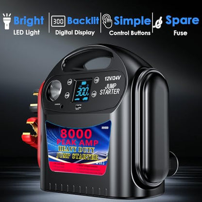 8000A 12V/24V Jump Starter for Large Gas & Diesel Engines, Heavy-Duty Portable Battery Booster Pack for Trucks, RVs & Commercial Vehicles with Force Start, Digital Display, LED Light & USB Charging
