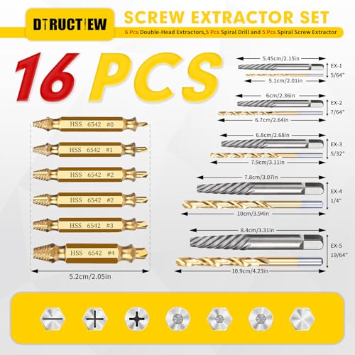 16 Pcs Stripped Screw Extractor Set – Easy Out Screw Extractor Set,Hss 6542 Bolt Extractor Kit,Stripped Screw Removal Tools for Remove Stripped Screws and Broken Bolts - size: 16 Pieces