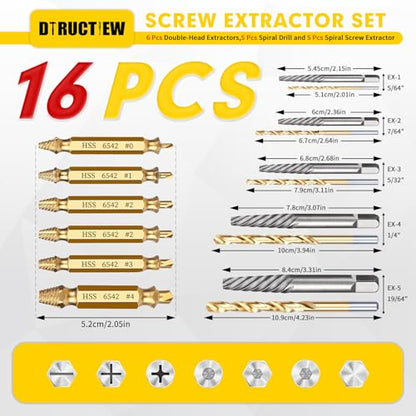 16 Pcs Stripped Screw Extractor Set – Easy Out Screw Extractor Set,Hss 6542 Bolt Extractor Kit,Stripped Screw Removal Tools for Remove Stripped Screws and Broken Bolts - size: 16 Pieces