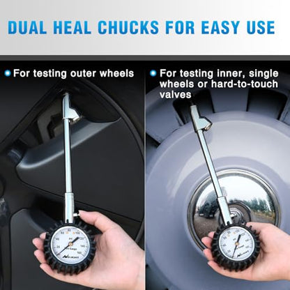 Nilight Tire Pressure Gauge 160PSI Heavy Duty Stainless Steel Dual Head Air Pressure Chucks ANSI B40.1 Certified Large 2" Dial Wheel Checker for Truck Semi Truck ATV Motorhome Cars & RV Accessories - color: Dual Head Tire Pressure Gauge