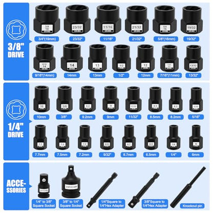 Mayouko Bolt Extractor Set, 34-Piece Bolt and Nut Remover Set, 1/4"&3/8" Drive Remover Tool with Adapters, CR-MO Steel Bolt Extractor Set for Removing Damaged Rusted Bolts, Nuts and Screws