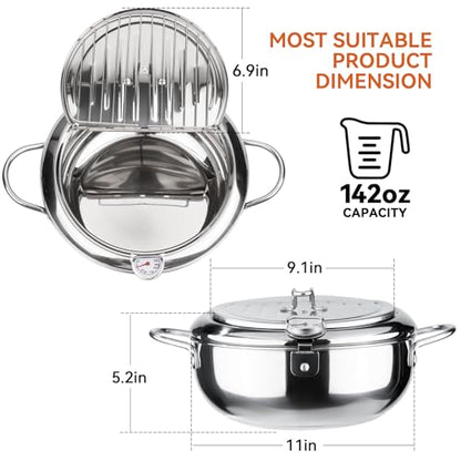 Kerilyn Deep Fryer Pot, 11 Inch/4.2 L Janpanese Style Tempura Frying Pot with Lid, 304 Stainless Steel with Temperature Control and Oil Drip Drainer Rack, for Kitchen French Fries, Chicken etc - size: 11 Inch