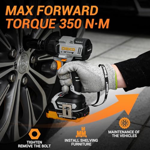 DEKOPRO Cordless Impact Wrench 258ft-lbs/350N.m Brushless Impact Wrench, 1/2" Impact Gun with 2x2.0Ah Battery, 4 Sockets, LED Light for Car Home