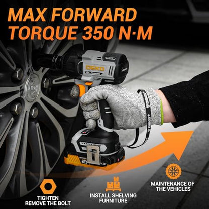 DEKOPRO Cordless Impact Wrench 258ft-lbs/350N.m Brushless Impact Wrench, 1/2" Impact Gun with 2x2.0Ah Battery, 4 Sockets, LED Light for Car Home