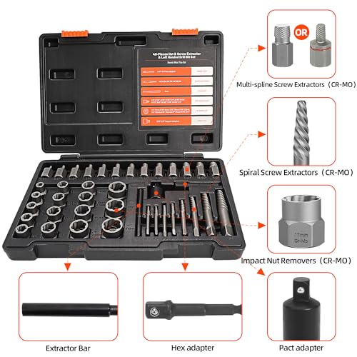 40 Pcs Screw Extractor Set 2-in-1 Hex Head Multi-Spline Lug Nut Remover | 3/8 Inch Drive Easy Out Bolt Extractor Set for Removing Stripped, Rounded, Damaged, Broken Studs Bolts Screws - size: 40pcs