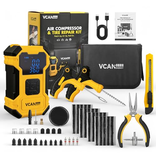 Flat Tire Repair Kit with Air Compressor, 150PSI Portable Air Pump with Auto-Stop & LED, Heavy Duty Tire Plug Kit for Car, SUV, Truck, Jeep, Motorcycle, Roadside Emergency Assistance (YELLOW) - color: Yellow