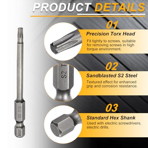 HARFINGTON 10pcs T15 Torx Head Screwdriver Bit 1/4" Hex Shank 3" (75mm) Long Magnetic No Hole Tip Tamper Proof 6 Point Star Screw Driver Drill Bits S2 Steel Industrial Power Screwdrivers - size: T15 x 3"