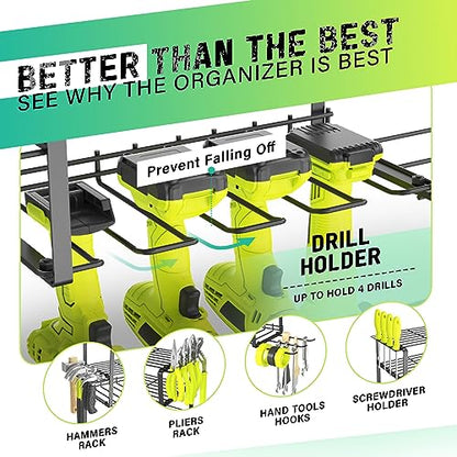 SUNALLY Power Tool Organizer, 4 Drill Holder Wall Mount, Garage Tool Organizer and Storage with Screwdriver Holder, Garage Organization, 4 Layer Cordless Drill Holder with Hammer Holder - style: 4 Drill Holders G