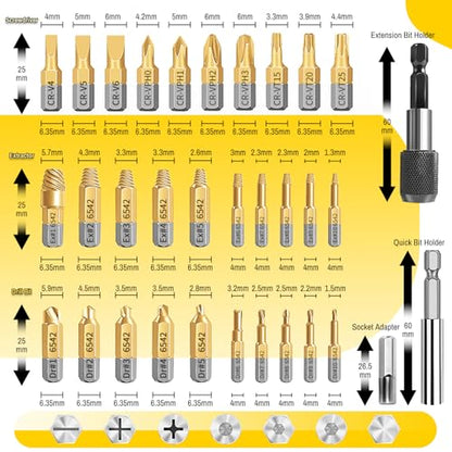 33 PCS Screw Extractor Set, HSS 6542 Titanium Easy Out Screw & Bolt Remover Kit with Magnetic Extension & Socket Adapter for Stripped, Broken, Rusted Screws - size: 33 Pieces