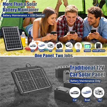 20W Hybrid Solar Battery Charger & Maintainer 12V + USB Hub Kit - Waterproof Trickle Charger for Car, Boat, RV, Motorcycle - Universal 5-in-1 Portable Solar Panel for Phone, Camping
