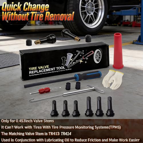 Valve Stem Removal Tool with Heavy Duty Hook & Longer Puller,Tire Valve Stem & Core Replacement Installation Tool Kit,without Tire Removal,Tire Pressure Checking, for Cars Motorcycles Lawn Mowers ATVs