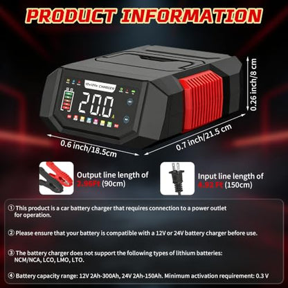 20A Battery Charger, 12V/24V Fully Automatic Trickle Charger, Red | Adjustable 1-20A Car Battery Charger, Battery Maintainer, Pulse Repair, for LiFePO4, Lead Acid, Deep Cycle Batterie