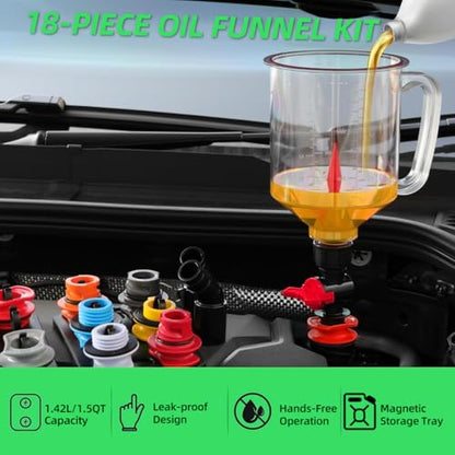 18-Piece No Spill Engine Oil Funnel Kit, 1.59QT/1.5L Automotive Oil Funnel Set w/ 12 Adapters, 2 Magnetic Storage Tray, Elbow Fitting & Arrow Screen, Universal Vehicles Use